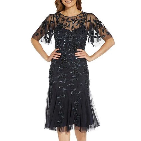 Adrianna Papell Jewel Neck Short Flutter Sleeve Floral Beaded Sheath Midi Dress - Picture 3 of 16